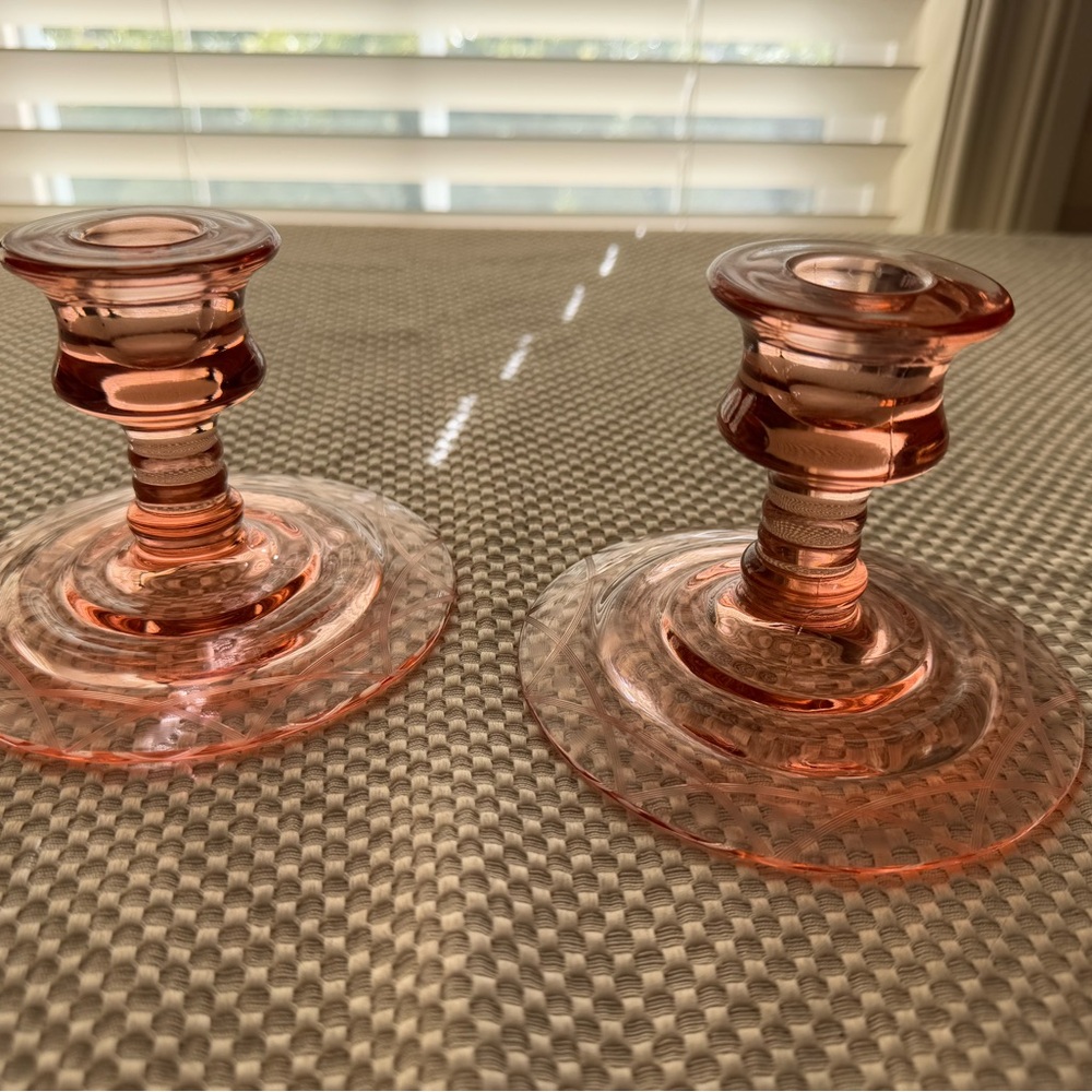 Vintage Pink Etched Glass candle holders.